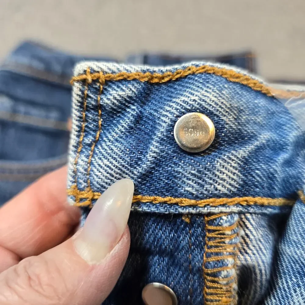 Levi’s 501 Shorts Womens Blue Denim High Rise Distressed Raw Hem Button Fly | 25